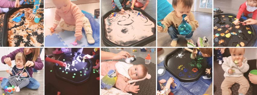 Photo collage of children exploring with all five senses at Sense-a-Story baby, toddler and preschool classes.