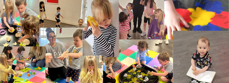 a collage of different photos showing children experiencing a sensory workshop from Sense-a-Story