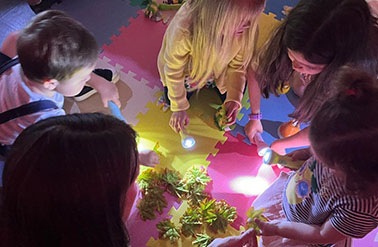 a group of five children in a circle using torches on a green tree branch