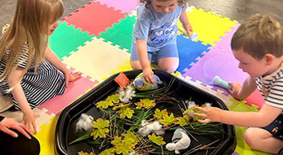 a group of children playing with leaves and feathers in a black tray