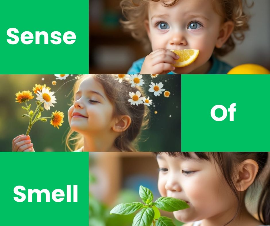 A toddler smelling an orange, a toddler smelling flowers, and a toddler smelling basil.