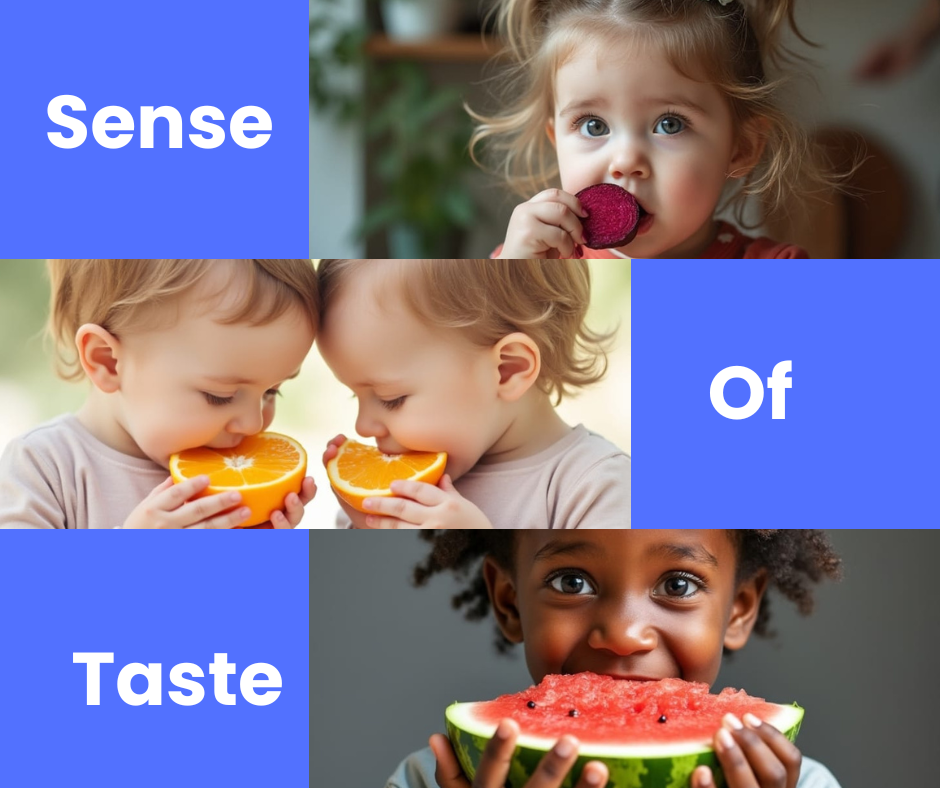 A 2 year old tasting beetroot, 1 year old twins tasting oranges, and a 3 year old tasting watermelon, with the words sense of taste around them.